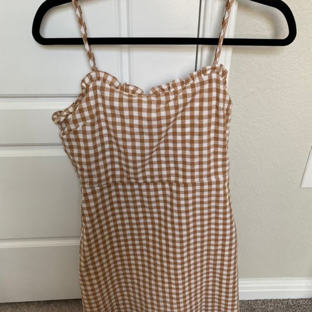 Brown and white gingham mini dress
